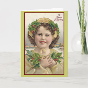 Vintage Viktorianische Holly Girl Weihnachtskarte Feiertagskarte