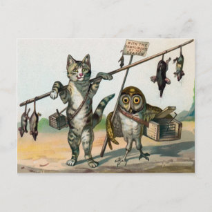 Vintage Viktorianische Katze und Eule Postkarte
