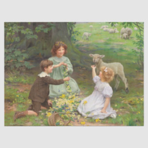 Vintage Viktorianische Kinder und ein Lammdekor Seidenpapier