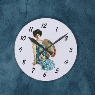 Vintage viktorianische Künstler-Dame Painter Runde Wanduhr