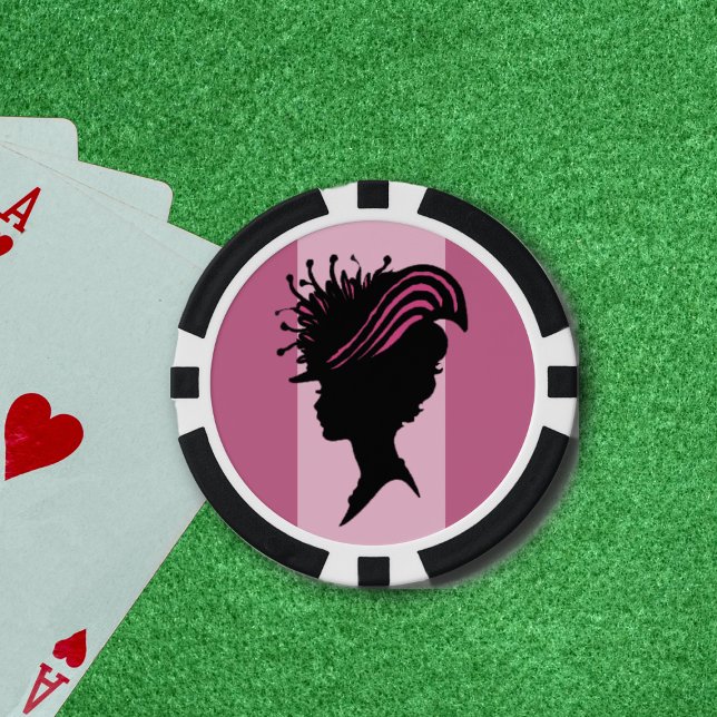 Vintage Viktorianische Lady Black Silhouette Extra Pokerchips (Profile in black silhouette Victorian woman head in fancy pink hat on pink striped poker chips.)