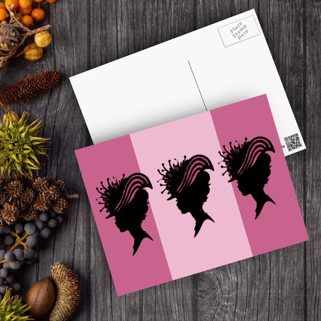 Vintage Viktorianische Lady Black Silhouette Extra Postkarte (Three busts of Victorian ladies in black silhouette fancy hats on pink striped postcard.)