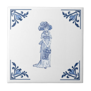 Vintage Viktorianische Lady Delft Corner Blau und  Fliese