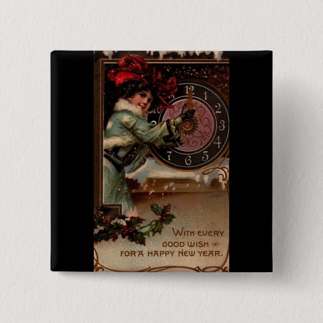 Vintage Viktorianische Lady Happy New Year Button  (Vorderseite)