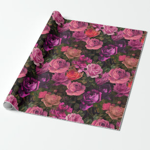 Vintage Viktorianische Lila Rose Muster auf schwar Geschenkpapier