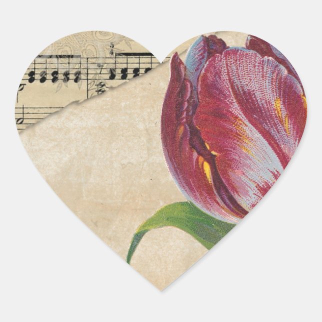 Vintage Viktorianische Musik Romantik Tulips Herz-Aufkleber (Vorderseite)