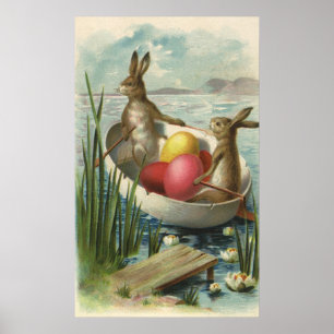Vintage viktorianische Osterhasen in einem Ei-Boot Poster