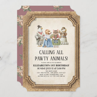 Vintage Viktorianische Pawty Animals Girl Geburtst Einladung
