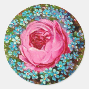 Vintage viktorianische rosa Rosen-u. Blau-Blumen Runder Aufkleber