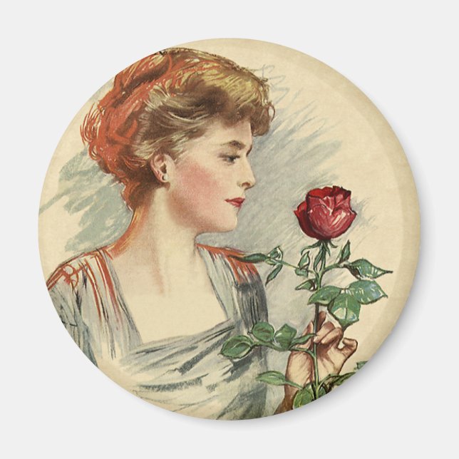 Vintage Viktorianische Rote Rose Blume Magnet (Vorne)