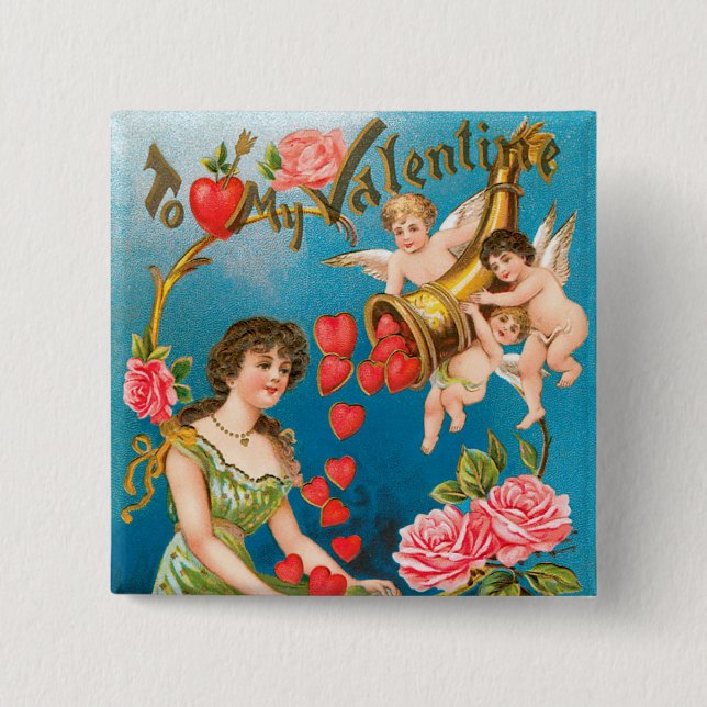 Vintage viktorianische Valentinstag Engel & Herzen Button (Vorderseite)