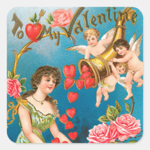 Vintage viktorianische Valentinstag Engel und Herz Quadratischer Aufkleber