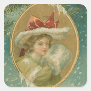 Vintage Viktorianische Weihnachtsdame Quadratischer Aufkleber