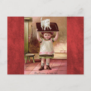 Vintage Viktorianische Weihnachtskatze auf Teefach Feiertagspostkarte