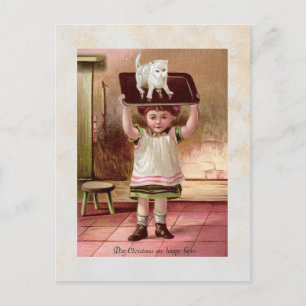 Vintage Viktorianische Weihnachtskatze auf Teefach Feiertagspostkarte