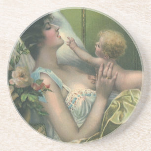 Vintage viktorianischer Muttertag, Mutter mit Baby Sandstein Untersetzer