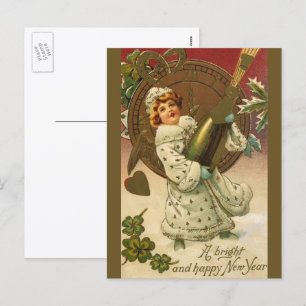 Vintage viktorianischer Neujahrs-Champagner-Engel Feiertagspostkarte