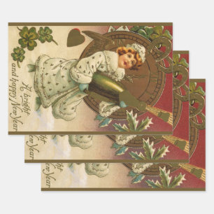 Vintage viktorianischer Neujahrsengel mit Champagn Geschenkpapier Set