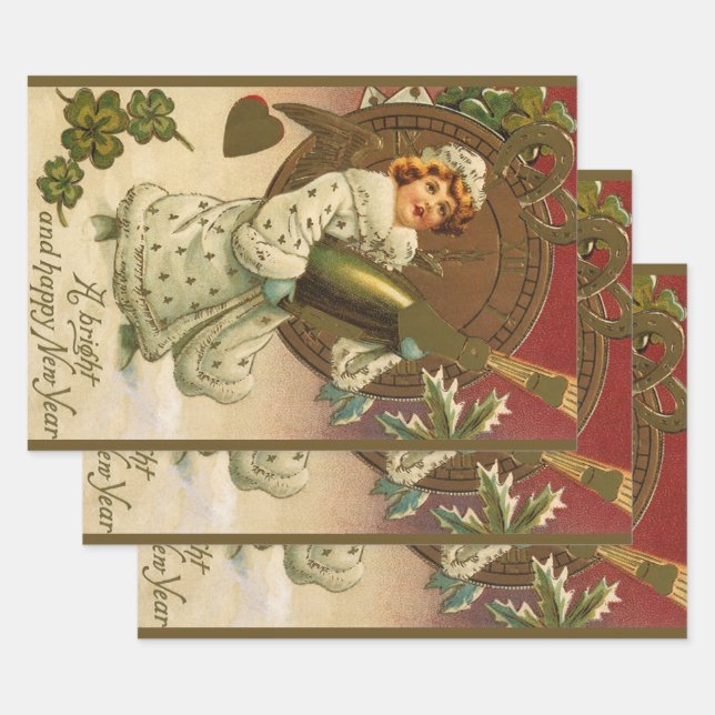 Vintage viktorianischer Neujahrsengel mit Champagn Geschenkpapier Set (Set)