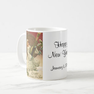 Vintage viktorianischer Neujahrsengel mit Champagn Tasse