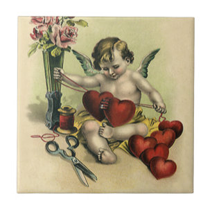 Vintage viktorianischer Valentinstag Engel Näherin Fliese