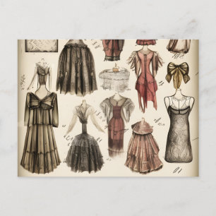Vintage viktorianisches Modedesign Bleistiftskizze Postkarte