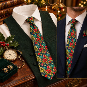 Vintage viktorianisches Weihnachts-Holly-Rote Beer Krawatte