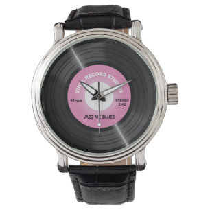 Vintage Vinylaufzeichnungs-Uhr des Art-Rosa-45 Armbanduhr