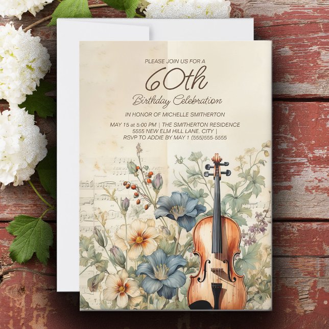 Vintage Violin Dusty Blue Blumen 60. Geburtstag Einladung (Vintage violin 60th birthday party invitation for women.)