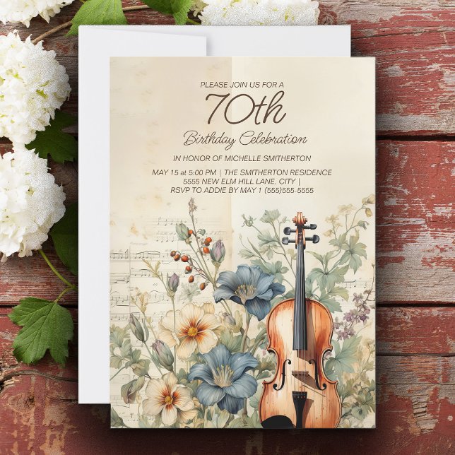 Vintage Violin Dusty Blue Blumen 70. Geburtstag Einladung (Vintage violin 70th birthday party invitation )