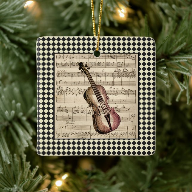Vintage Violin Harlequin Border Keramikornament (Baum)