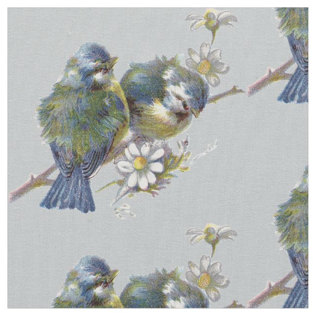 Vintage Vögel auf grauem Hintergrund Stoff (Nahaufnahme)
