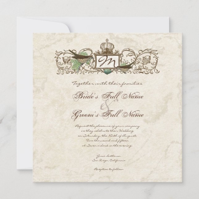 Vintage Vögel, Blaueier - Einladung zur Hochzeit (Vorderseite)