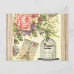 Vintage Vogel Blumen Französisch Paris Eiffelturm Postkarte