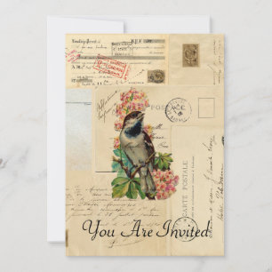 Vintage-Vogel-Blumen-französische Postkarten-Einla Einladung