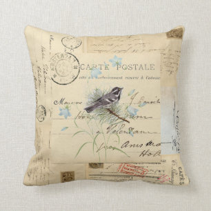 Vintage-Vogel-Blumen-französische Postkarten-Kisse Kissen