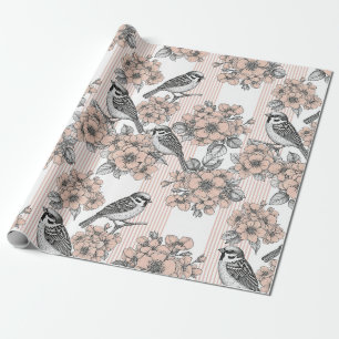 Vintage-Vogel-Blüten-Toile-Streifen (1) Geschenkpapier