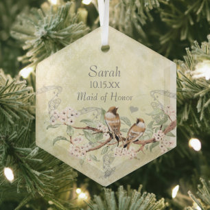 Vintage-Vögel Brautjungfer-Ornamente mit rosa Blüt Ornament Aus Glas