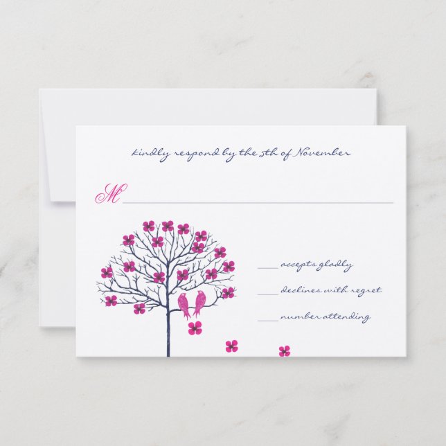 Vintage Vögel Fuchsia & Navy Hochzeit Einladung (Vorderseite)