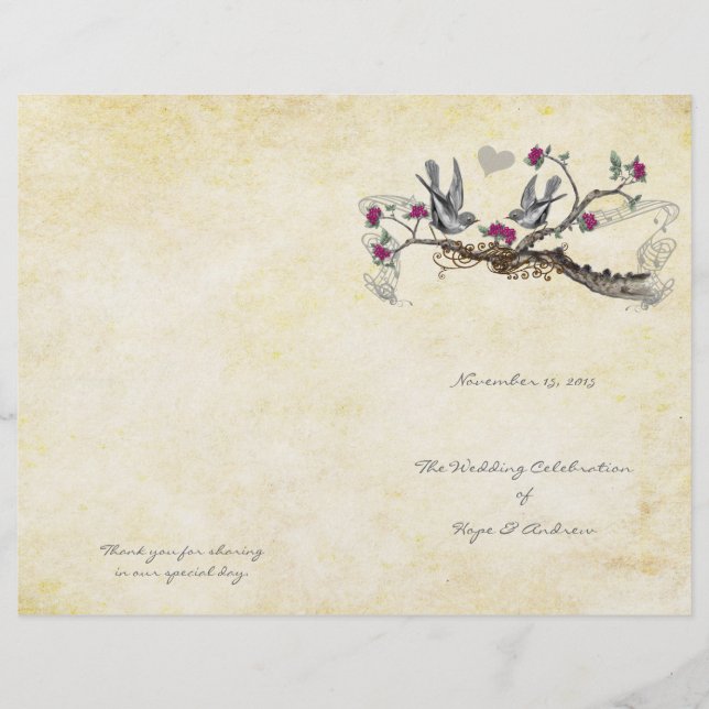 Vintage-Vögel Fuchsia- und Graue Hochzeitsprogramm (Vorderseite)