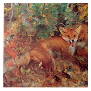 Vintage-Vogel-Gelb Bruno Liljefors Füchse Fliese