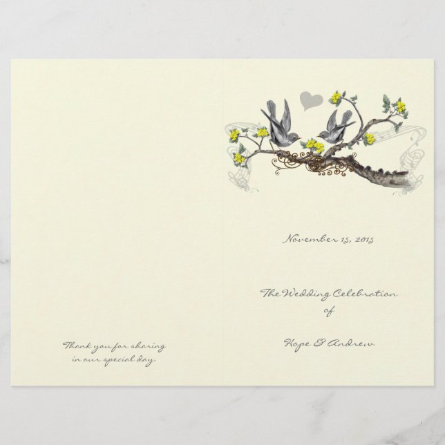 Vintage Vögel Gelb & Grau Hochzeitsprogramm (Vorderseite)