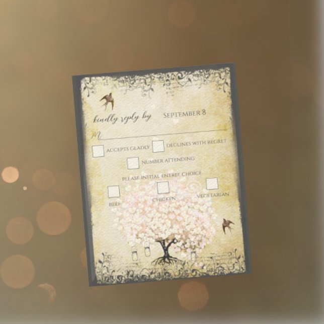 Vintage Vögel Hochzeitsstiftung RSVP mit Herzleder (Von Creator hochgeladen)