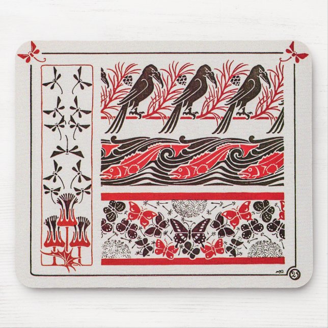 Vintage Vögel im Jugendstil von Maurice Verneuil Mousepad (Vorne)