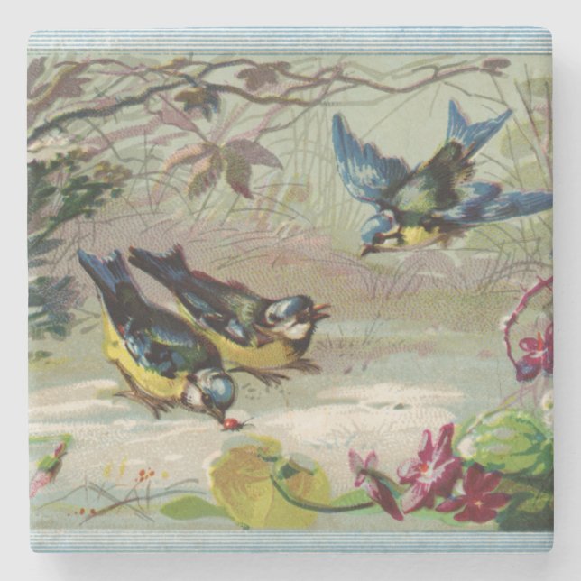Vintage Vögel im Schneestein-Untersetzer Steinuntersetzer (Vorderseite)