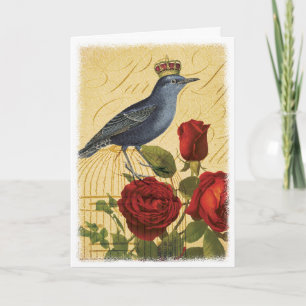 Vintage Vogel mit Krone und roten Rosen Karte