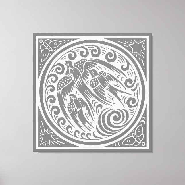 Vintage Vögel mit Schmetterlingen und Sternen Leinwanddruck (Vorderseite)