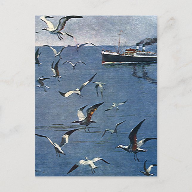 Vintage Vögel, Möwen und Fischerboote Postkarte (Vorderseite)
