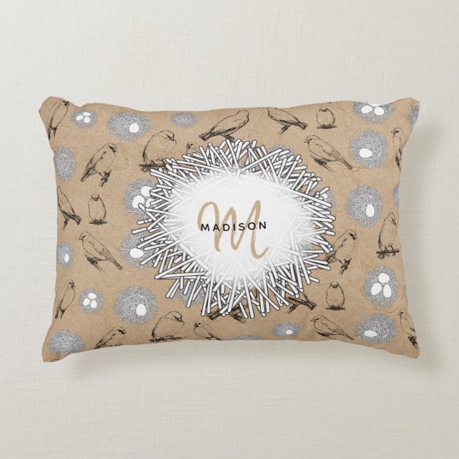 Vintage Vögel & Nest Rustikale Kraft Brown Dekokissen (Vorderseite)