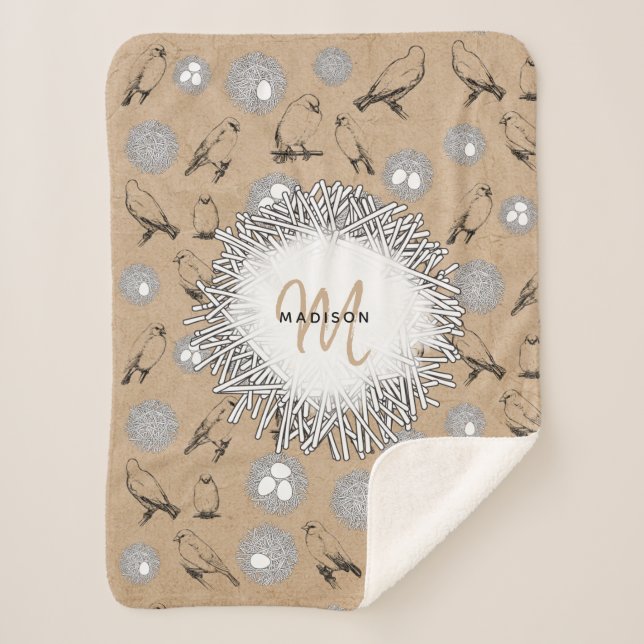 Vintage Vögel & Nest Rustikale Kraft Brown Sherpadecke (Vorderseite)